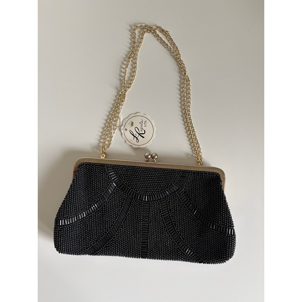 Vintage La Regale Beaded Clutch Handbag OS Black Gold Chain Art Deco Gatsby Glam